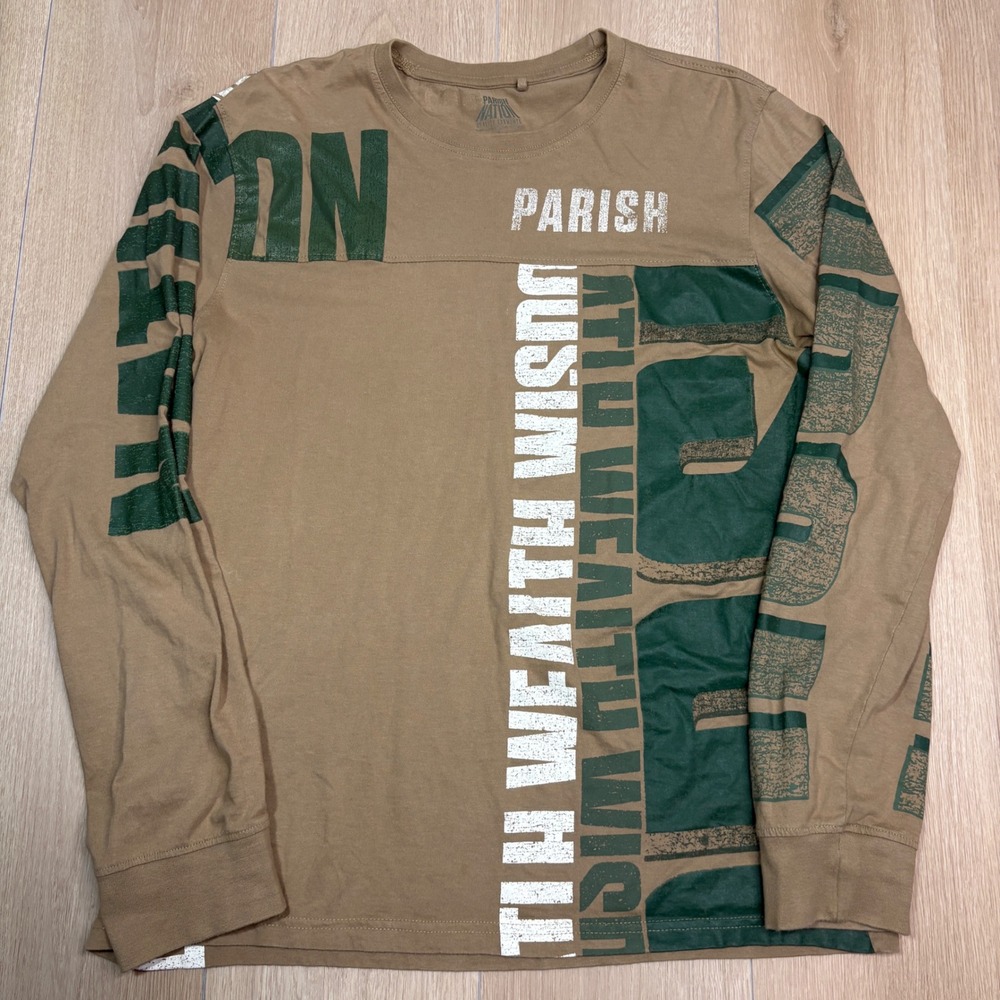Parish Nation Mens Long Sleeve Graphic Tee Tan Green Health Wealth Wisdom Large